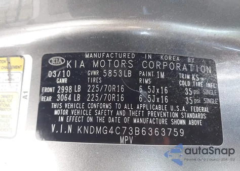 2011 Kia Sedona Lx из США, поврежденный, VIN KNDMG4C73B6363759